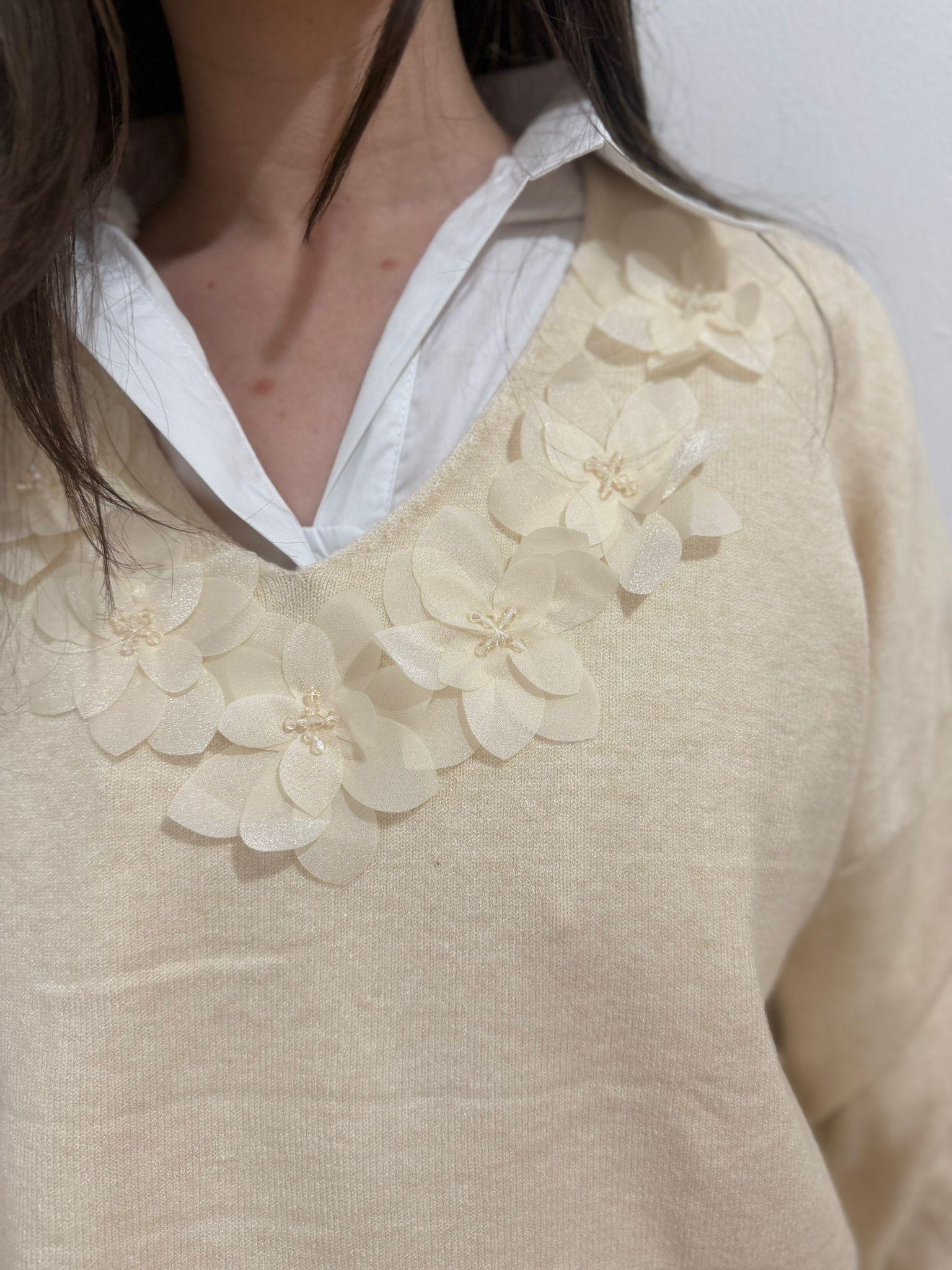 Jersey de Punto Cuello en Pico con Flores  – Estilo Romántico