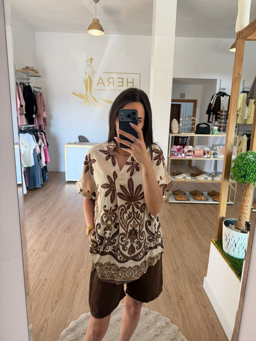 Blusa Fluida Estampado Floral y Cuello Mao / Blusa Boho