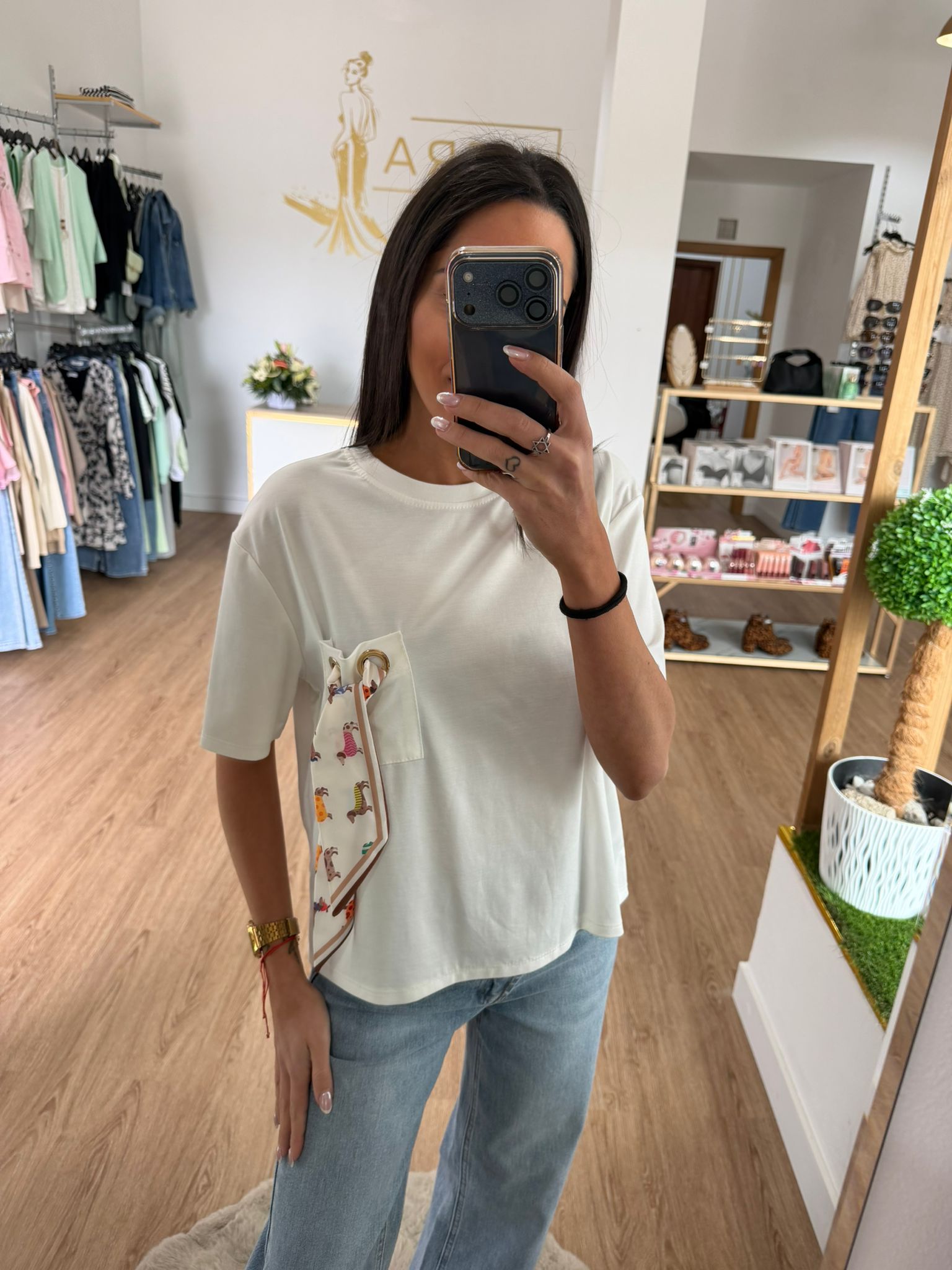 Camiseta Crop de Algodón con detalle de Pañuelo en Bolsillo