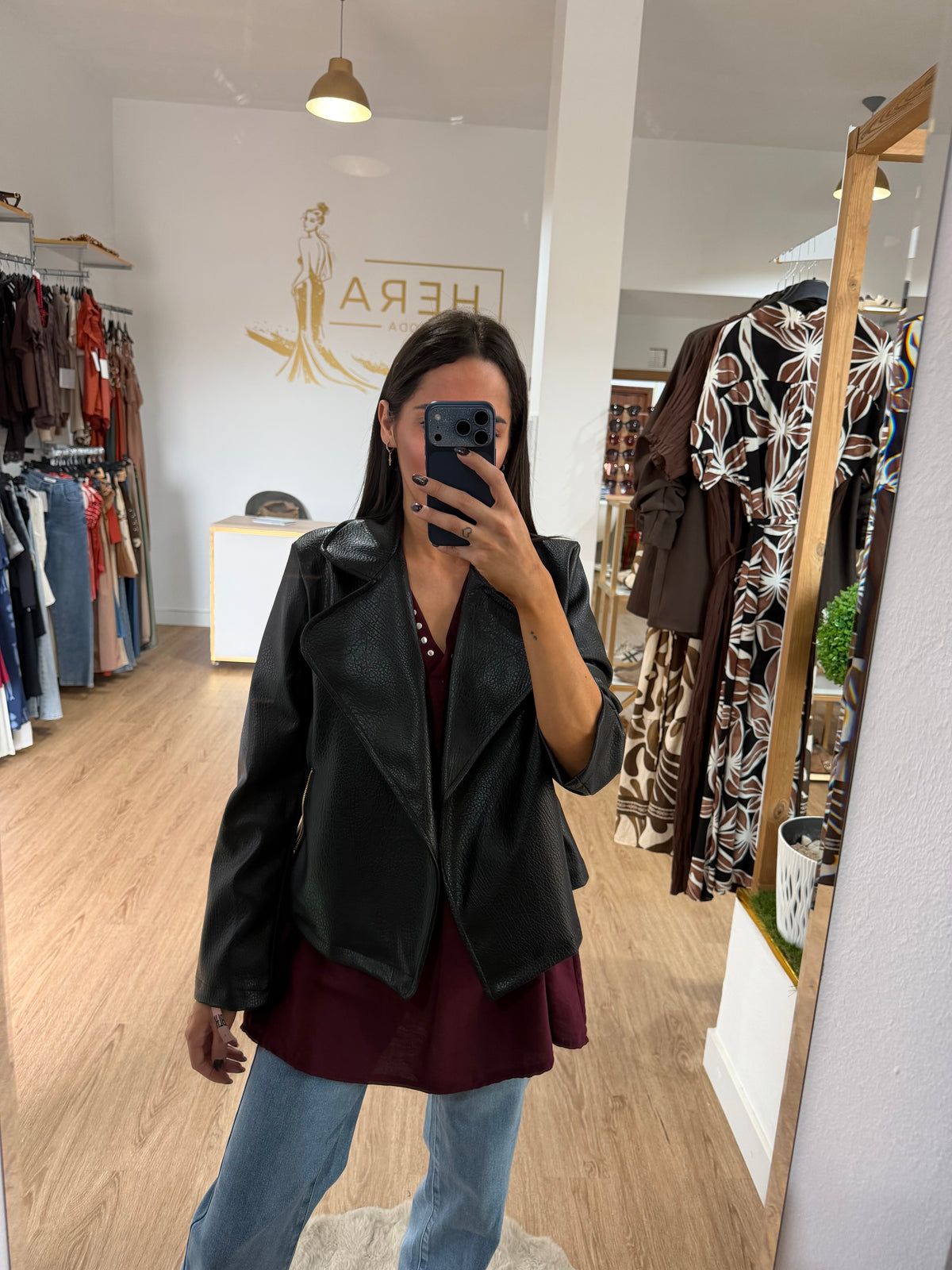 Chaqueta Biker Efecto Piel Grabada con Solapas / Cazadora de polipiel Marrón y Negra