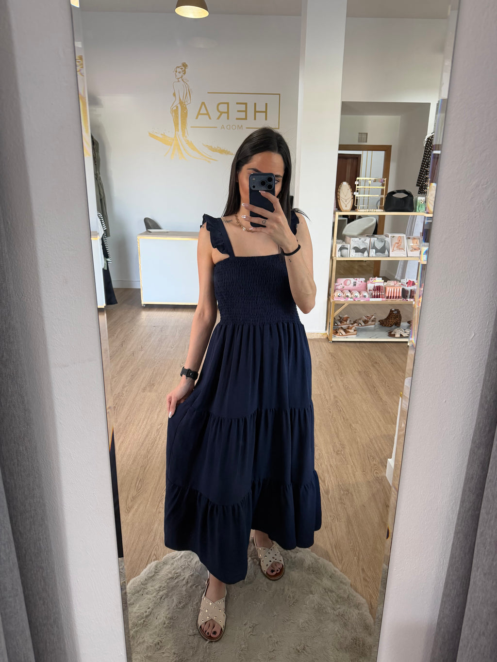Vestidos Largo de Tirantes con Volante y Cuerpo de Nido de Abeja - 3 colores