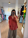 Blusa Fluida Efecto Arrugado Con Cuello Mao / Camisa Oversize Manga Corta Caída