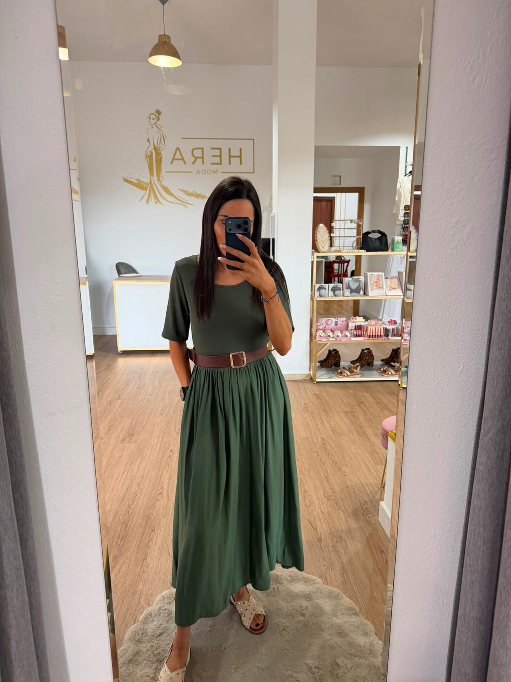 Vestido Midi Combinado con Cinturón - Vestido Falda Fluida Media Manga Mujer