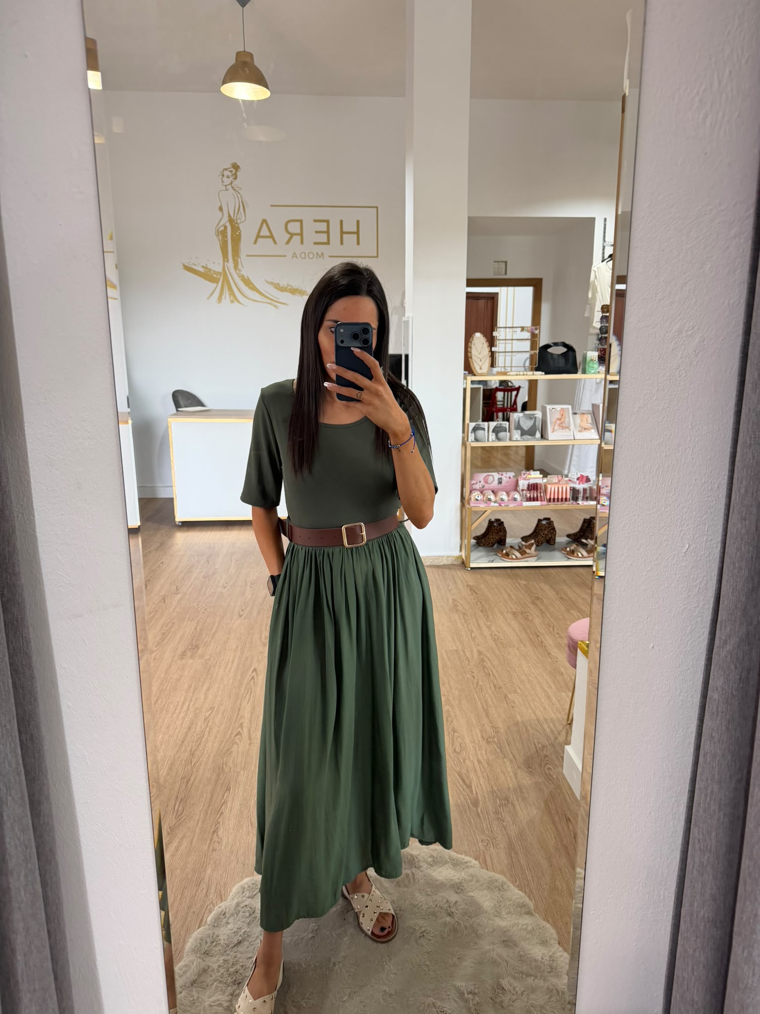 Vestido Midi Combinado con Cinturón - Vestido Falda Fluida Media Manga Mujer