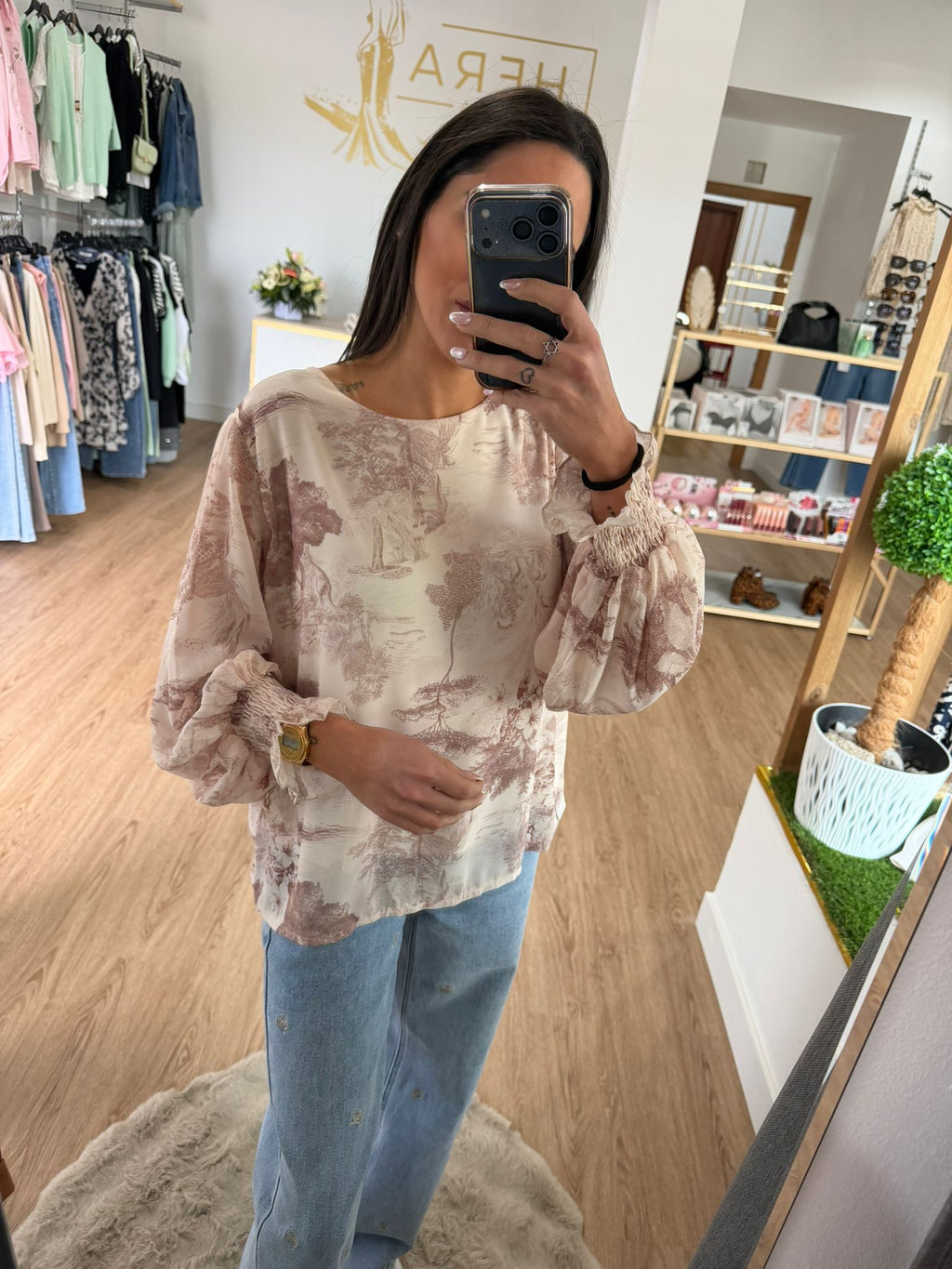 Blusa Fluida con Estampado y Mangas Abullonadas - Estilo Romántico Francés