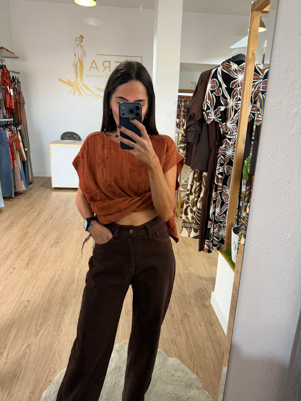 Pantalón Recto de Tiro Alto Marrón Chocolate / Vaquero Wide Leg