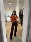 Pantalón Recto de Tiro Alto Marrón Chocolate / Vaquero Wide Leg