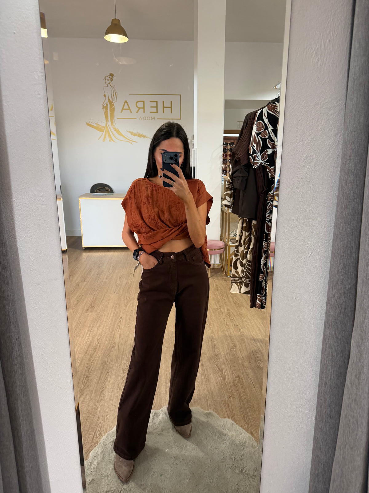 Pantalón Recto de Tiro Alto Marrón Chocolate / Vaquero Wide Leg