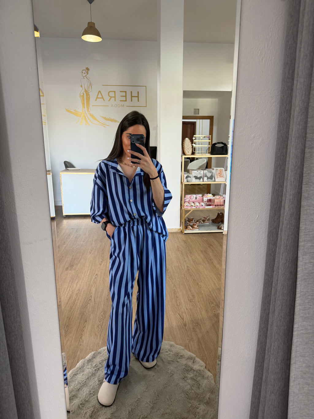 Conjunto Dos Piezas Estilo Pijamero de Camisa y Pantalón a Rayas - 2 colores