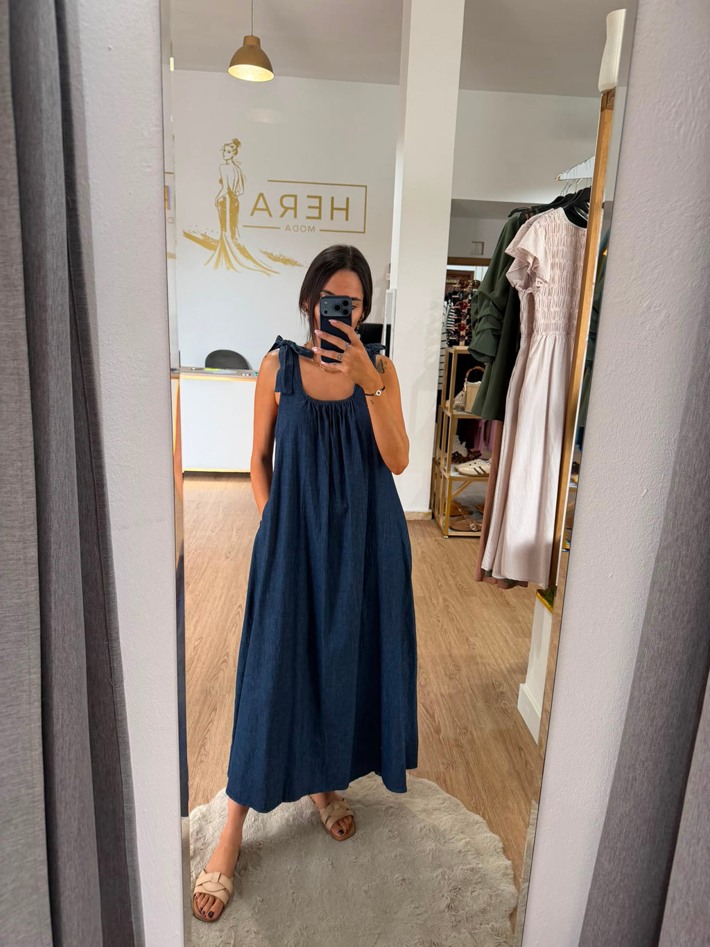 Vestido largo denim con lazos y corte evasé / Vestido vaquero fluido