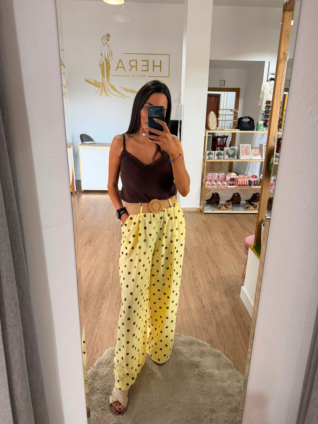 Pantalón Palazzo de Lunares con Cinturón de Rafia - Pantalón Fluido Tiro Alto Mujer
