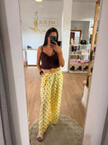 Pantalón Palazzo de Lunares con Cinturón de Rafia - Pantalón Fluido Tiro Alto Mujer