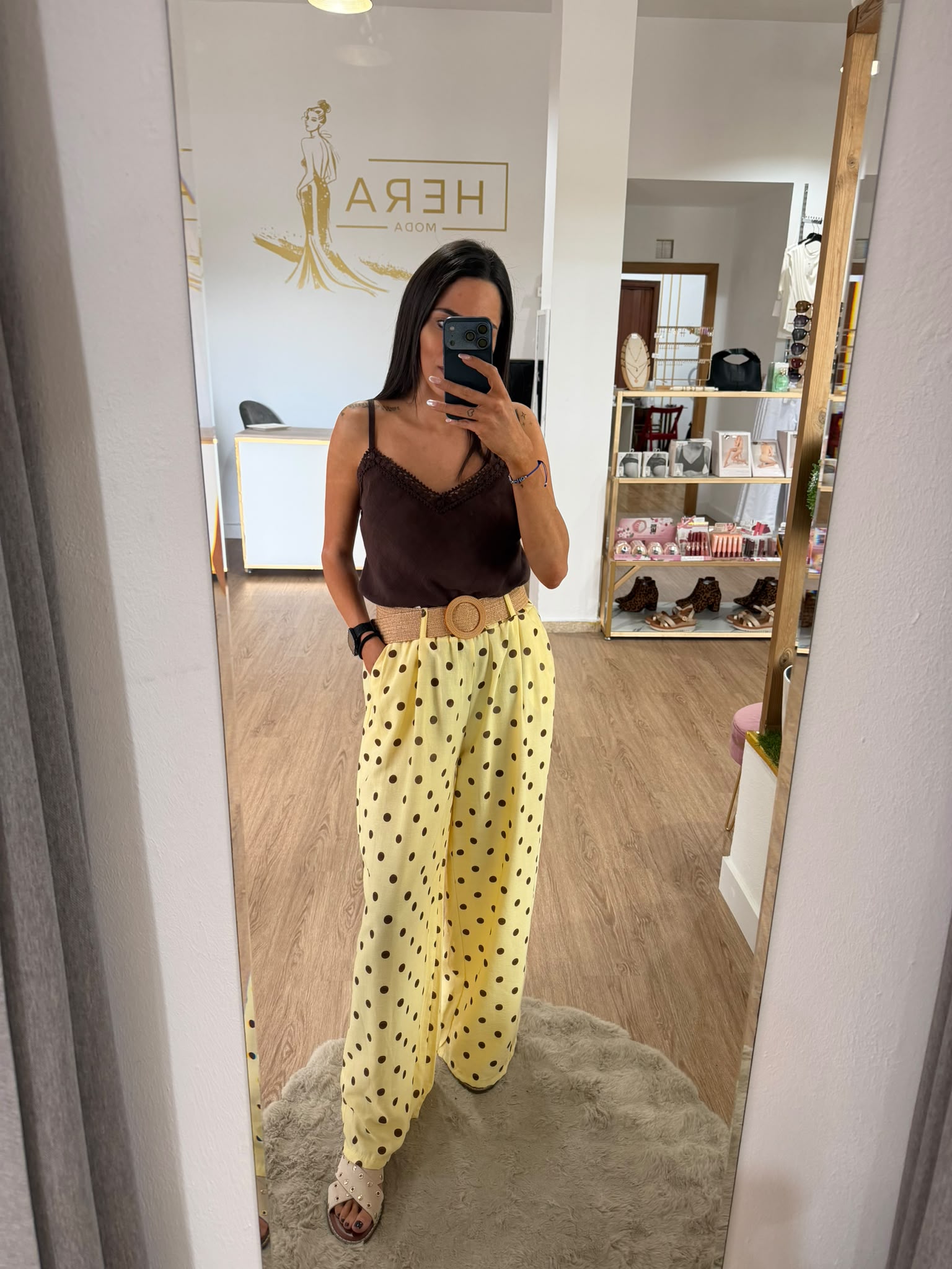 Pantalón Palazzo de Lunares con Cinturón de Rafia - Pantalón Fluido Tiro Alto Mujer