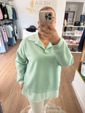 Sudadera Efecto Camisa con Cuello Polo y Bajo de Rayas