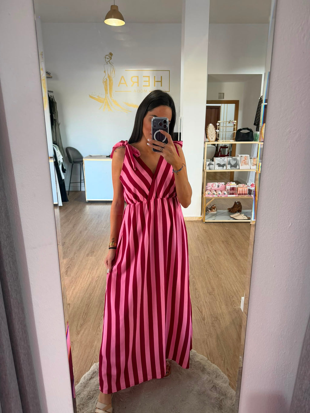 Vestido Largo de Rayas Bicolor con Lazadas - Vestido Fluido Escote Cruzado Mujer
