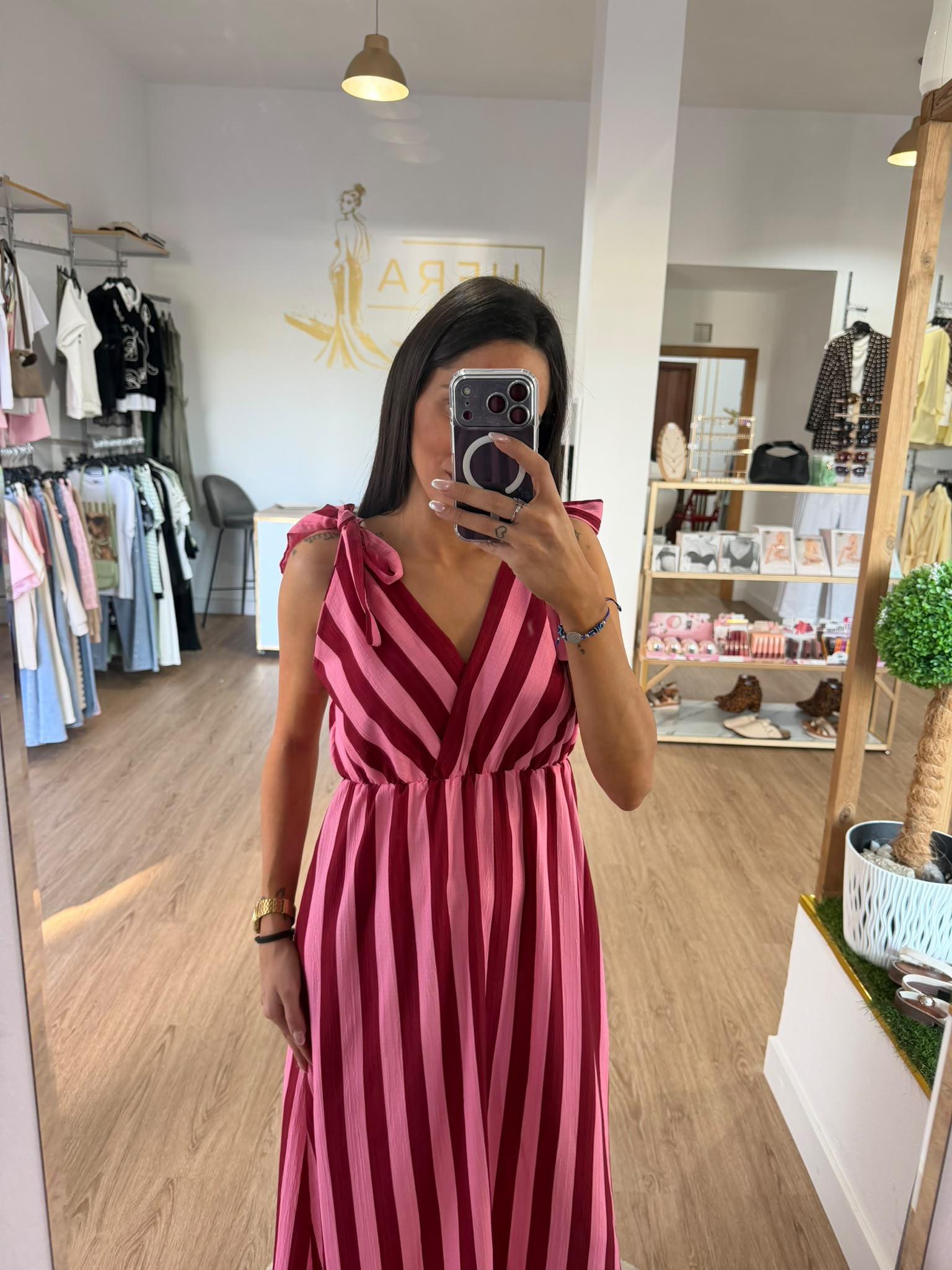 Vestido Largo de Rayas Bicolor con Lazadas - Vestido Fluido Escote Cruzado Mujer