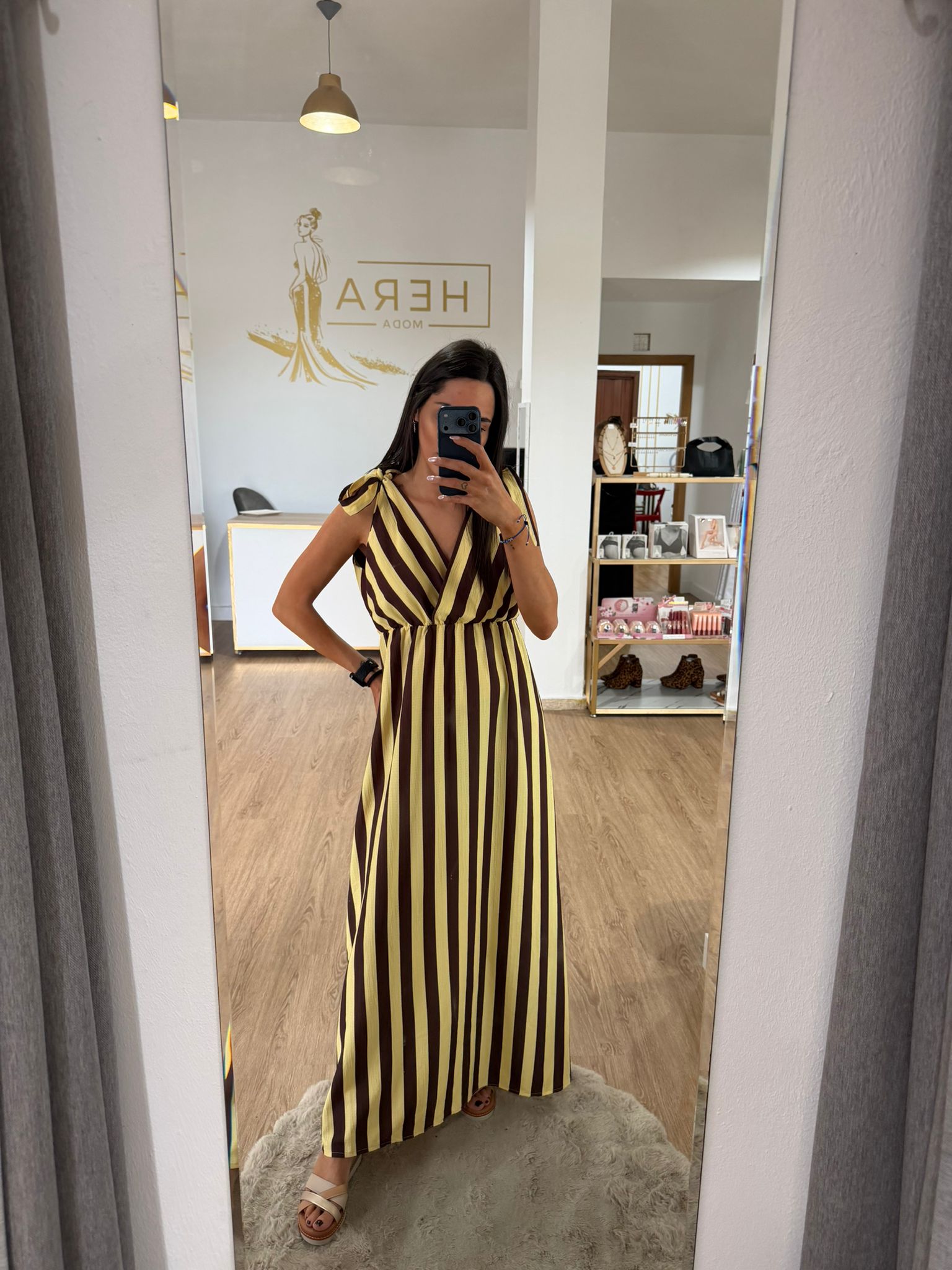 Vestido Largo de Rayas Bicolor con Lazadas - Vestido Fluido Escote Cruzado Mujer