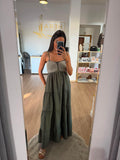 Vestido Largo de Tirantes con Cuerpo de Crochet y Falda con Vuelo