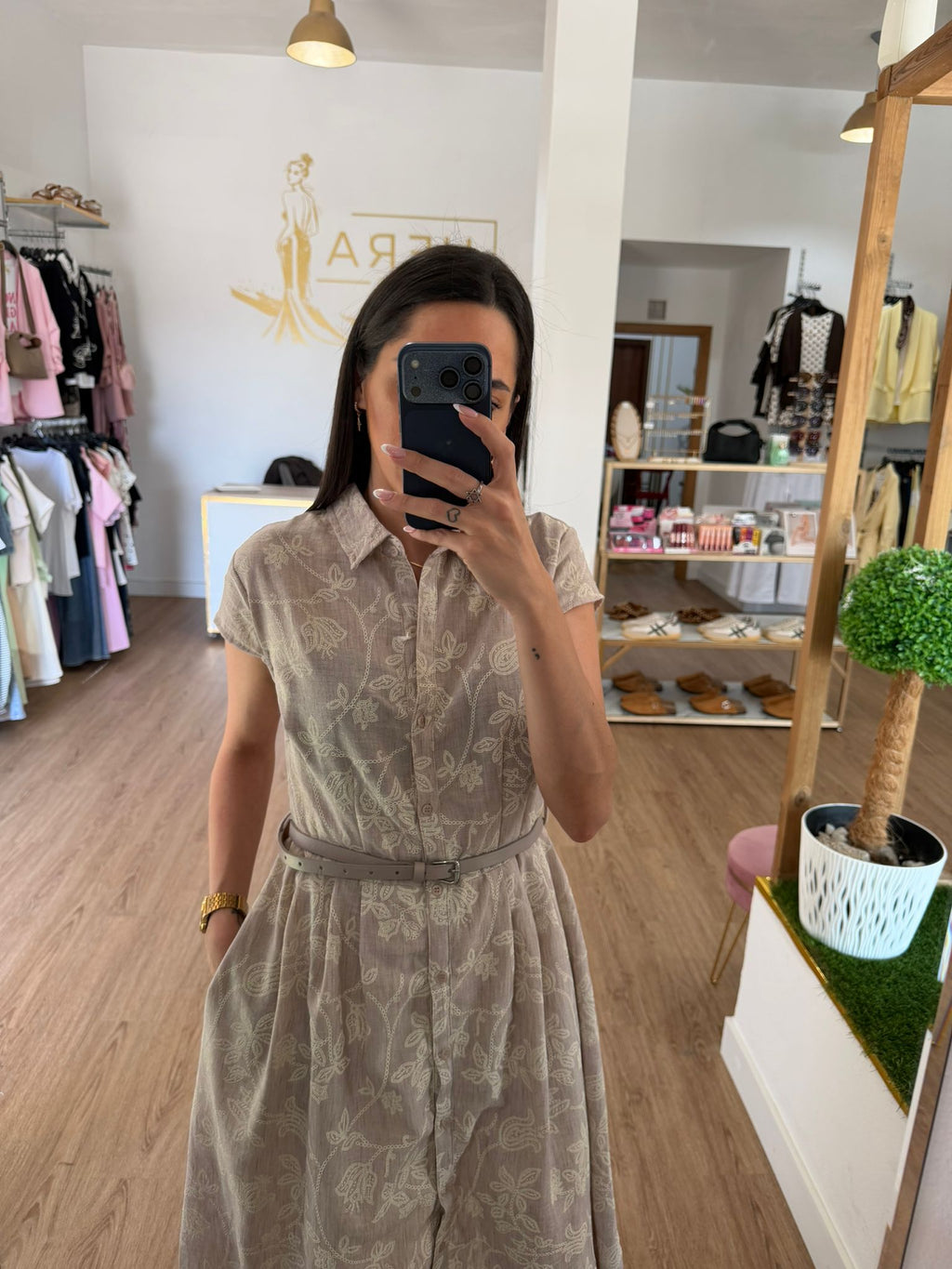 Vestido Camisero Midi Estampado con cinturón - Vestido Fluido de Manga Corta Con Bolsillos