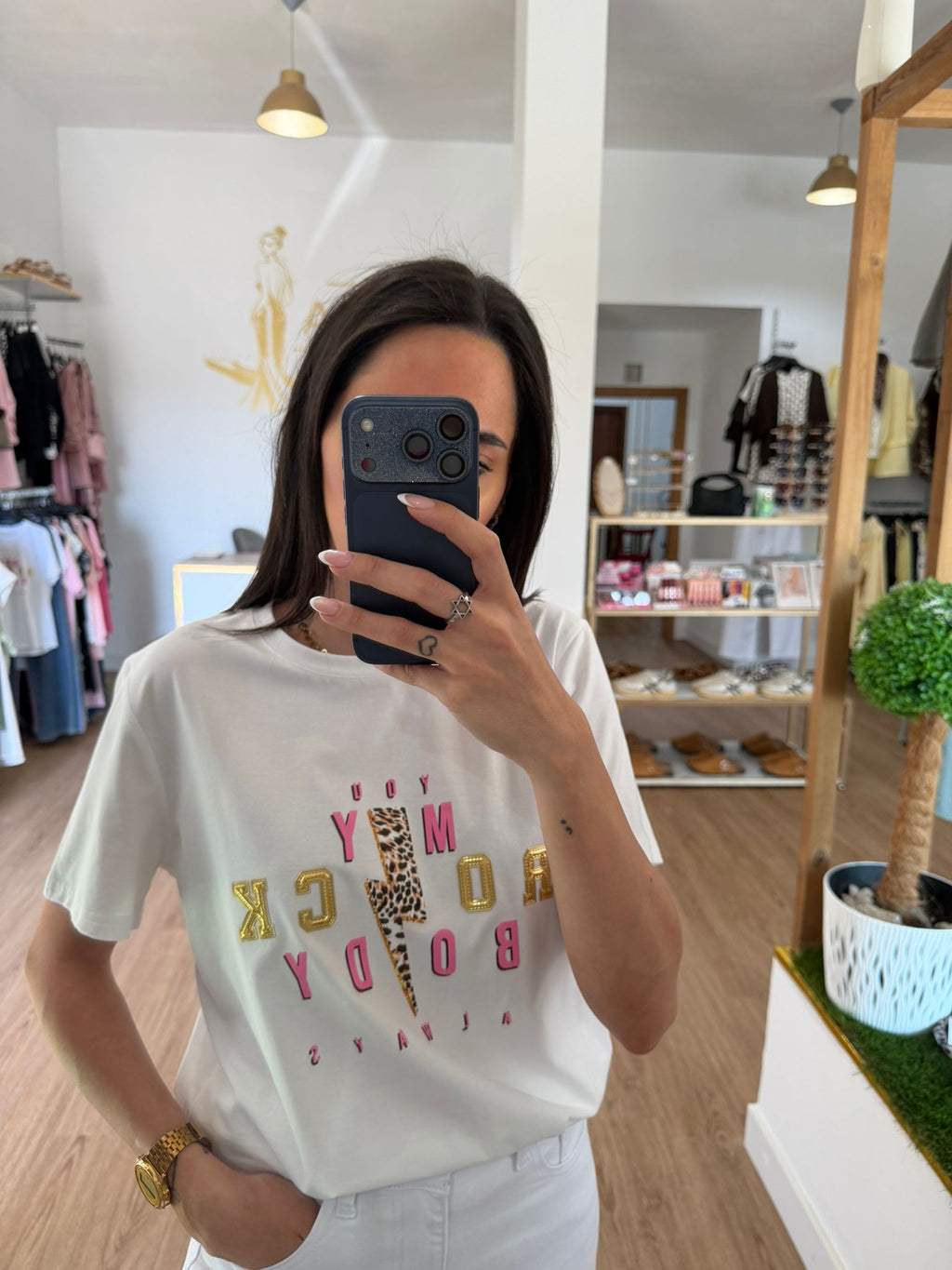 Camiseta Básica Blanca con Mensaje Rock Always / Camiseta Algodón detalles Metalizados