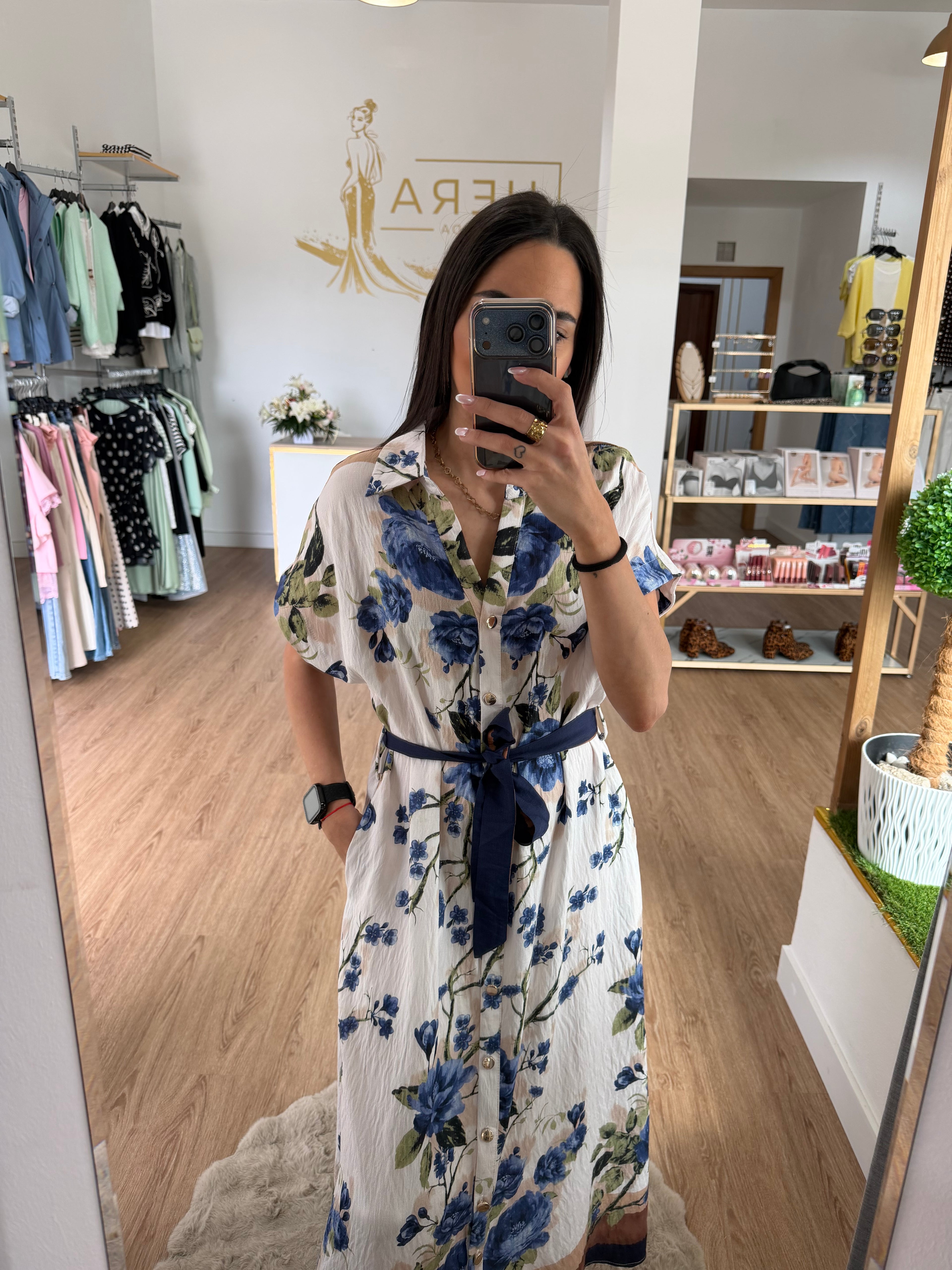 Vestido Camisero Midi con Estampado Floral y Cinturón