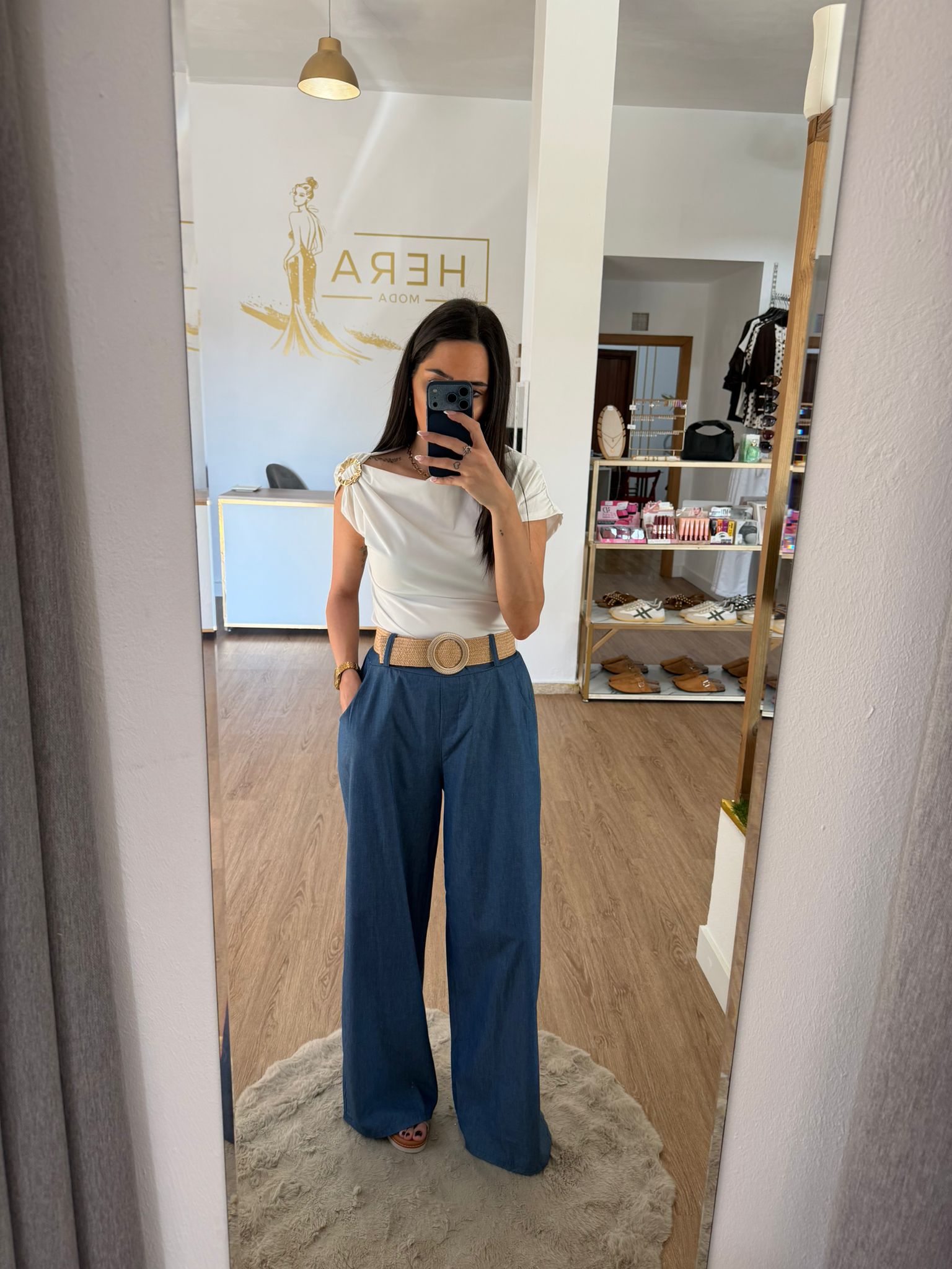 Pantalón Ancho Fluido Efecto Denim con Cinturón de Rafia / Pantalón Palazzo Ligero