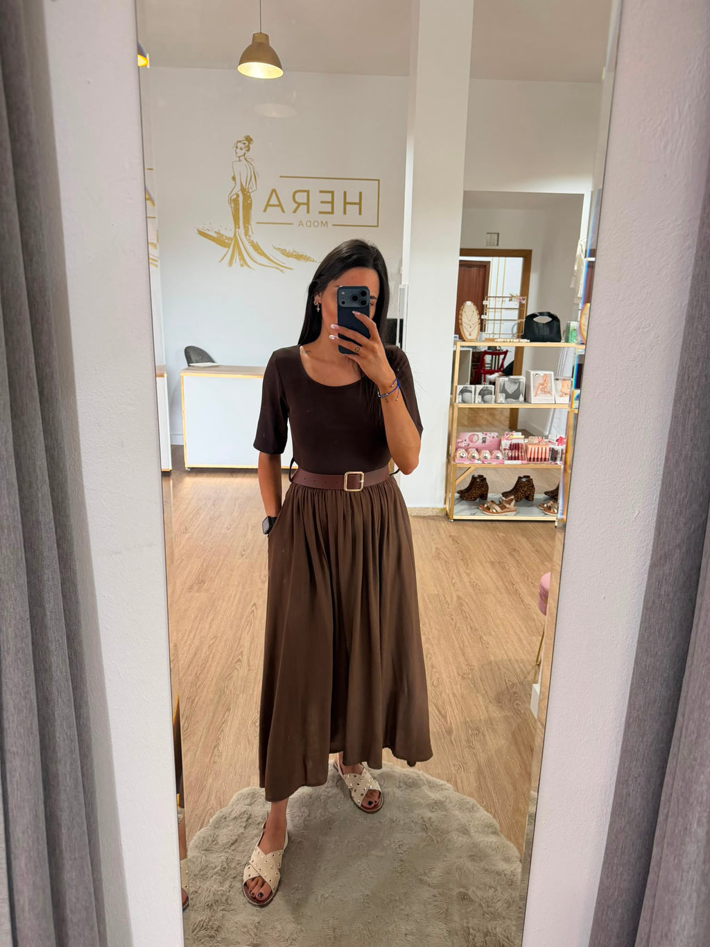 Vestido Midi Combinado con Cinturón - Vestido Falda Fluida Media Manga Mujer
