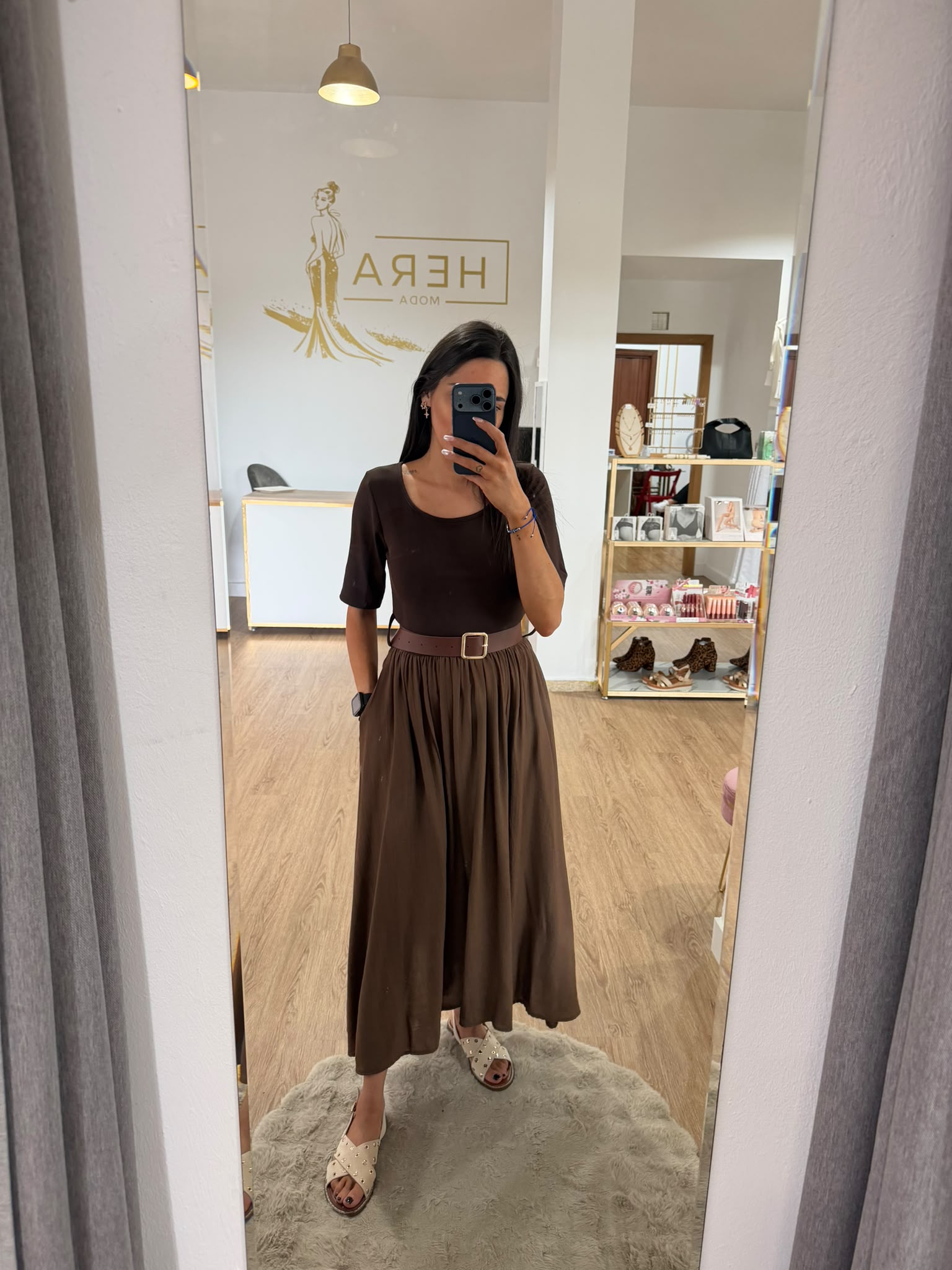 Vestido Midi Combinado con Cinturón - Vestido Falda Fluida Media Manga Mujer
