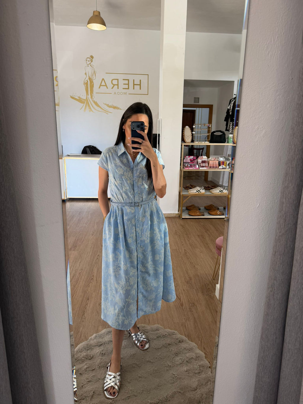 Vestido Camisero Midi Estampado con cinturón - Vestido Fluido de Manga Corta Con Bolsillos