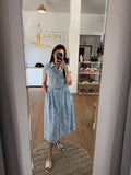 Vestido Camisero Midi Estampado con cinturón - Vestido Fluido de Manga Corta Con Bolsillos