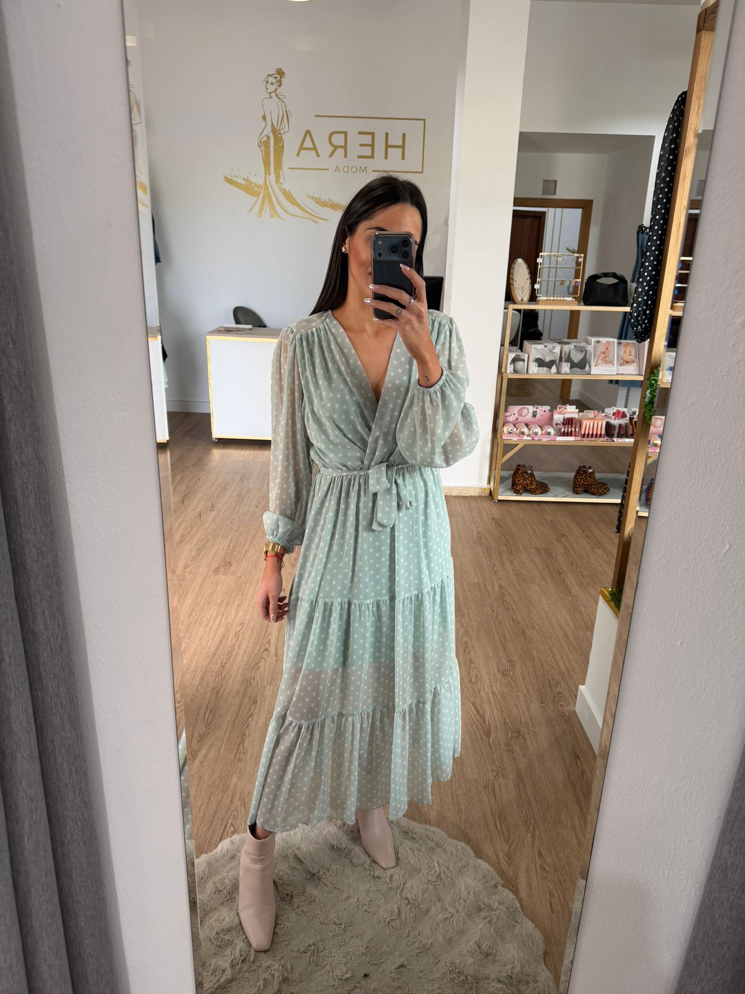 Vestido Largo Gasa Lunares - Cintura ajustable