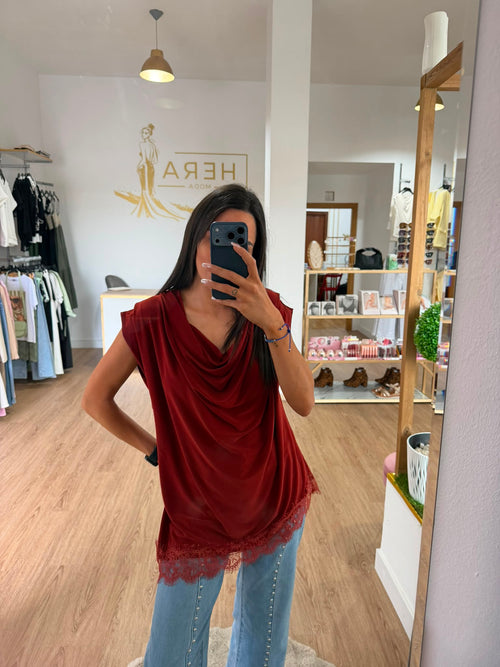 Blusa Fluida Escote Cascada con Encaje - Top Lencero Drapeado Fiesta Mujer