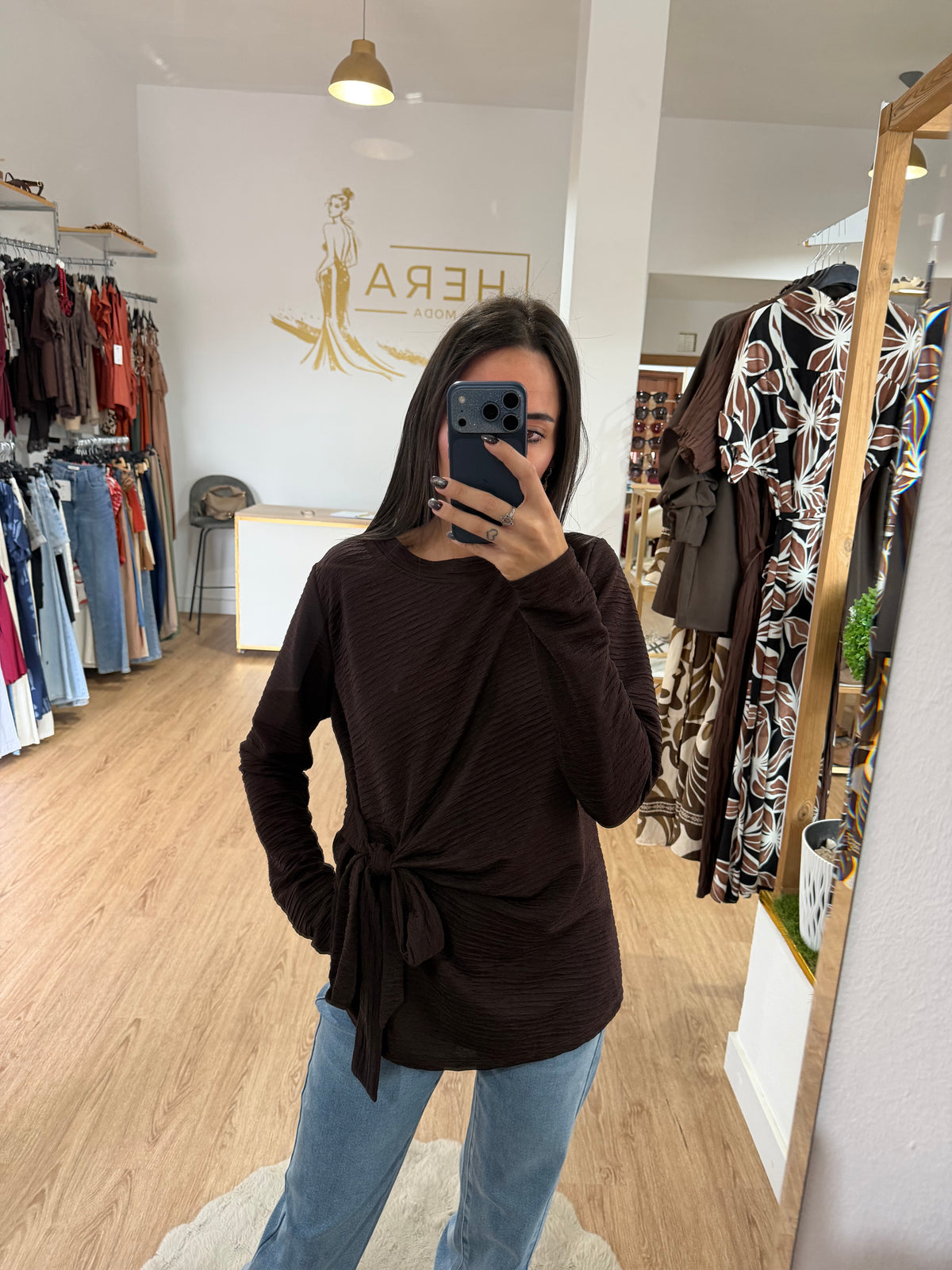 Blusa Bambula con Nudo Lateral / Top Manga Larga Texturizada