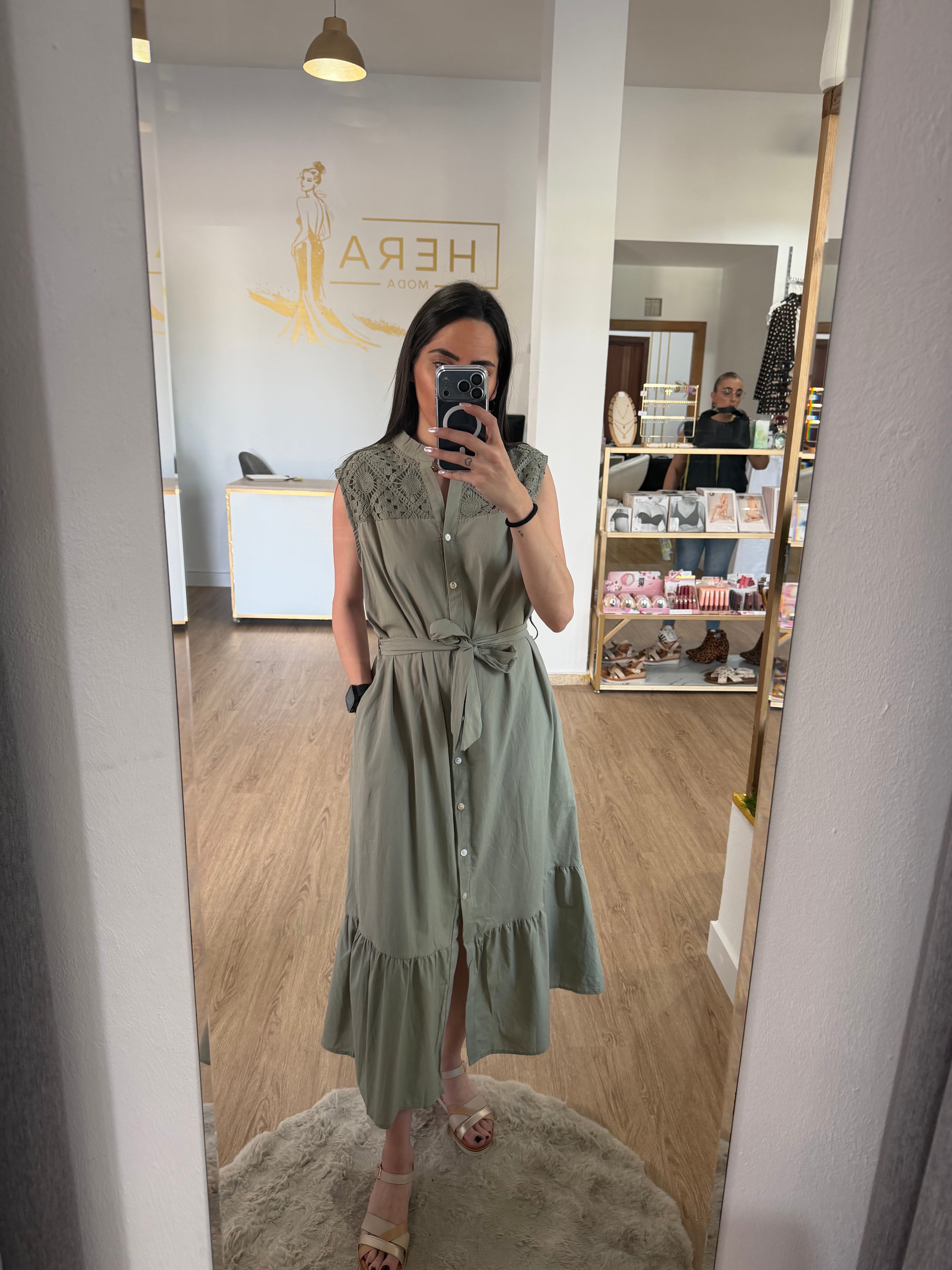 Vestido Camisero Midi sin Mangas con detalles en Encaje Calado - 3 colores