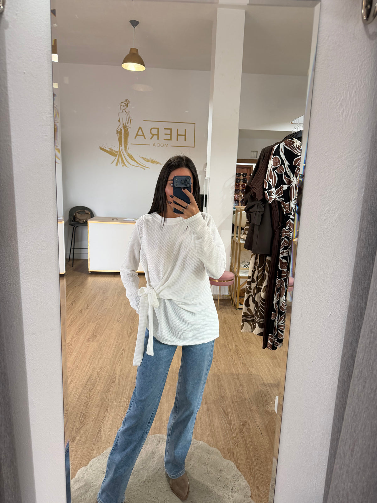Blusa Bambula con Nudo Lateral / Top Manga Larga Texturizada