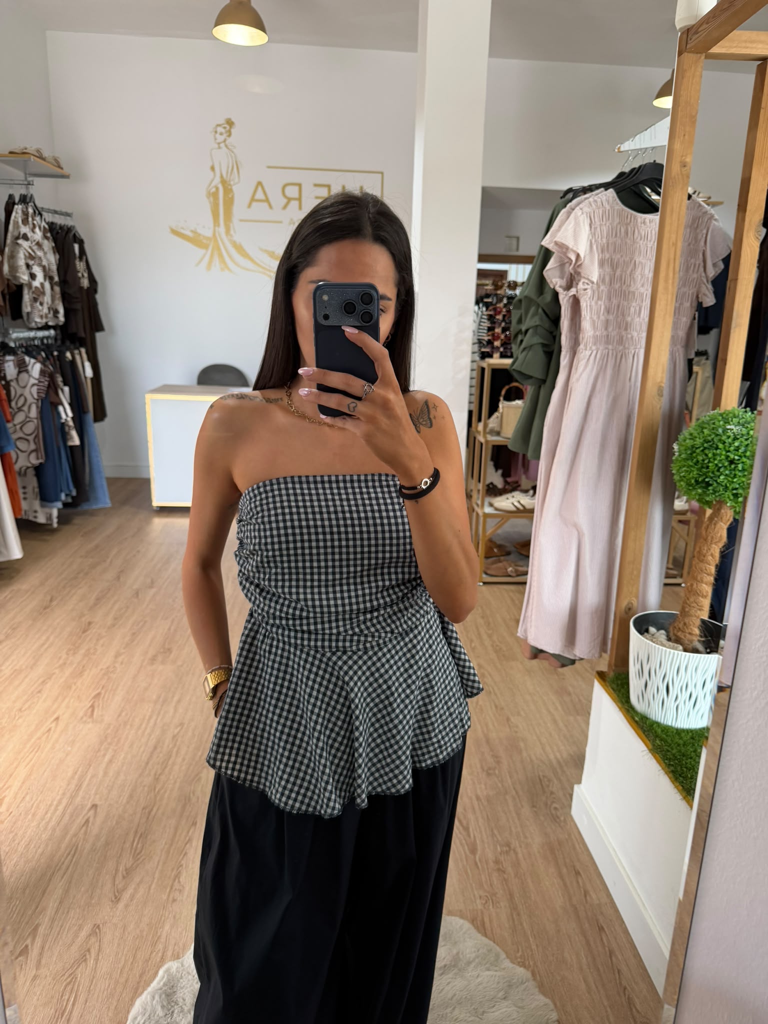Top palabra de honor cuadros vichy con fruncido peplum / Corset palabra de honor