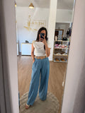 Pantalón Ancho Fluido Efecto Denim con Cinturón de Rafia / Pantalón Palazzo Ligero