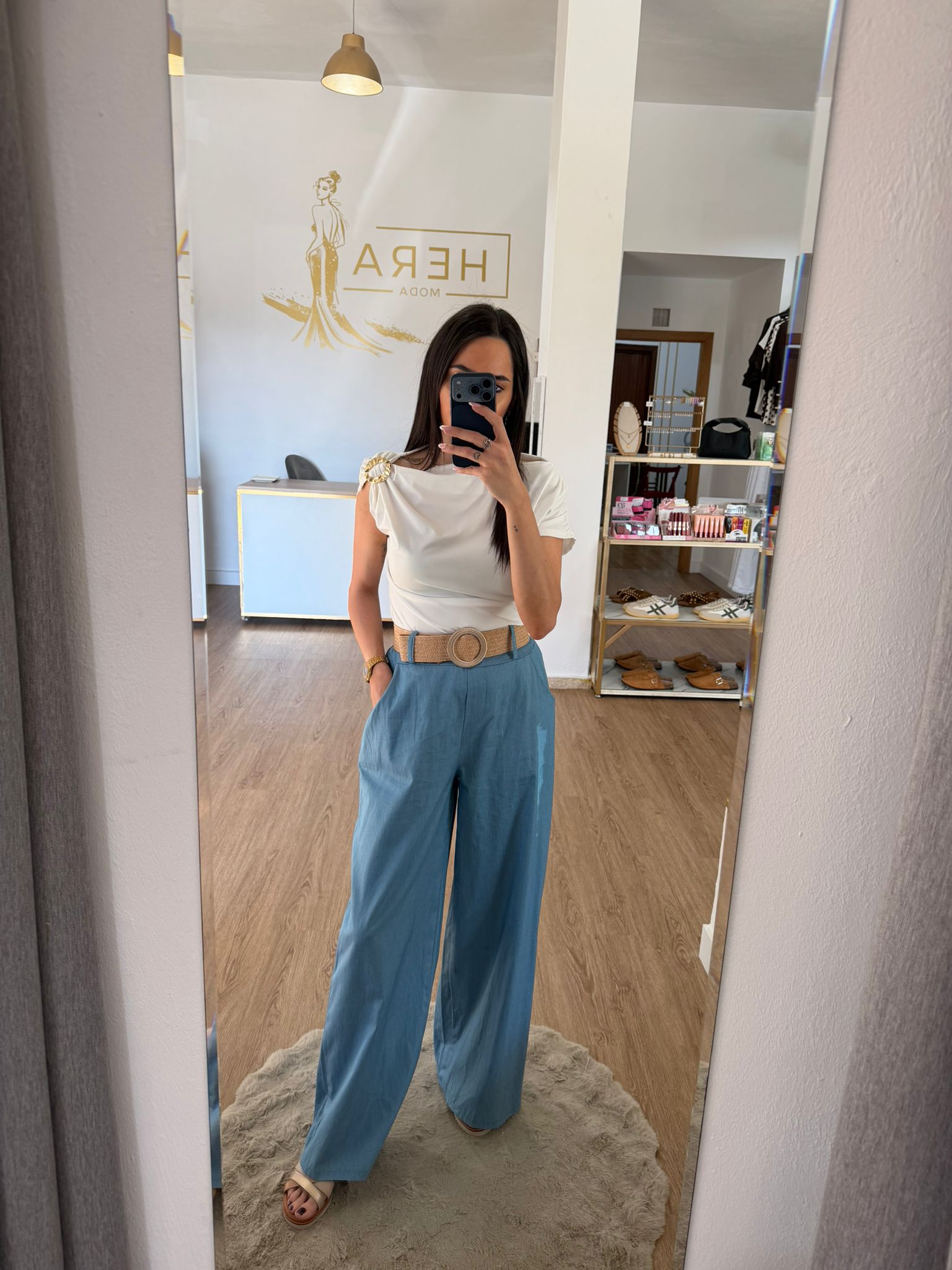 Pantalón Ancho Fluido Efecto Denim con Cinturón de Rafia / Pantalón Palazzo Ligero