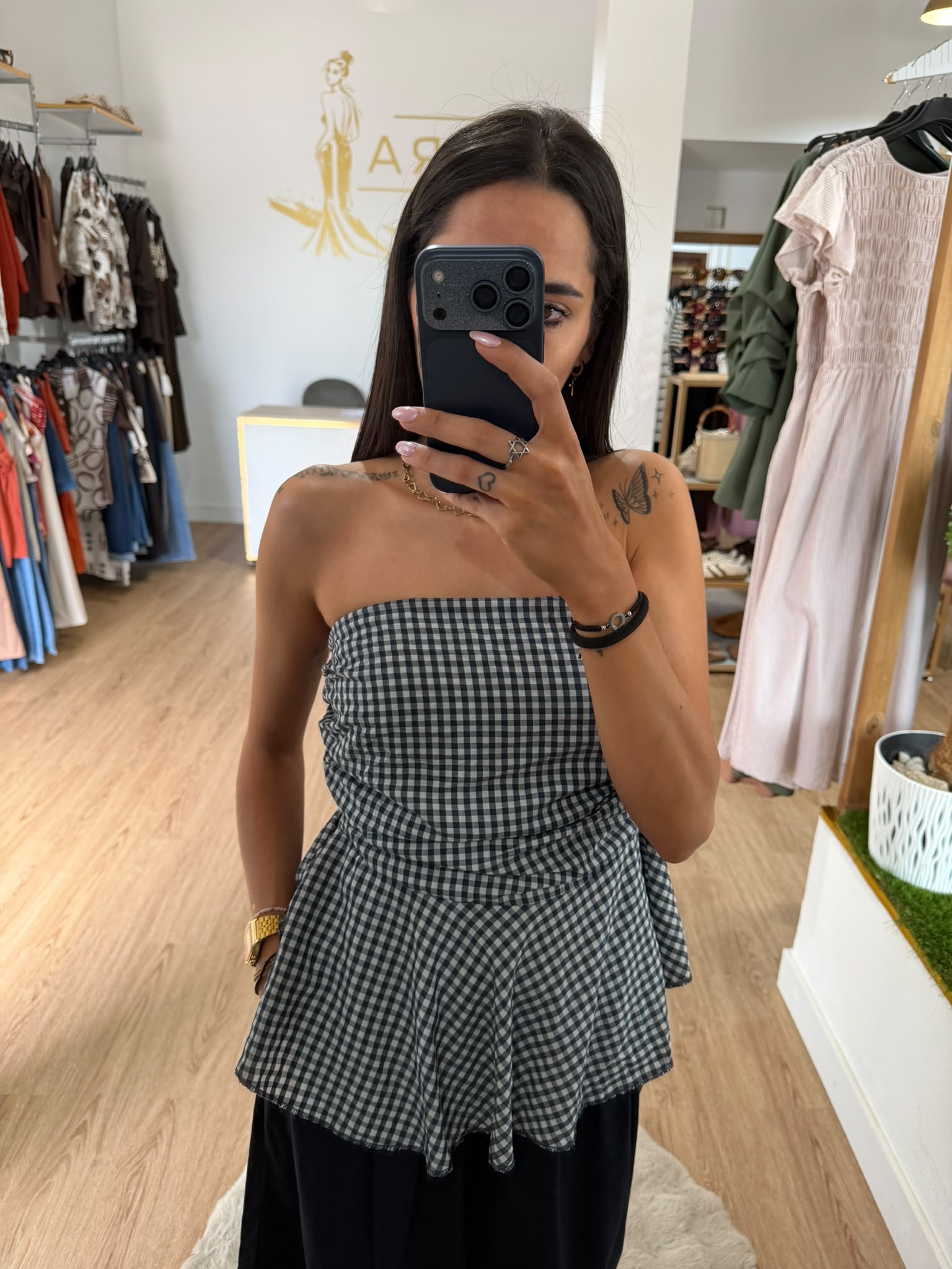 Top palabra de honor cuadros vichy con fruncido peplum / Corset palabra de honor