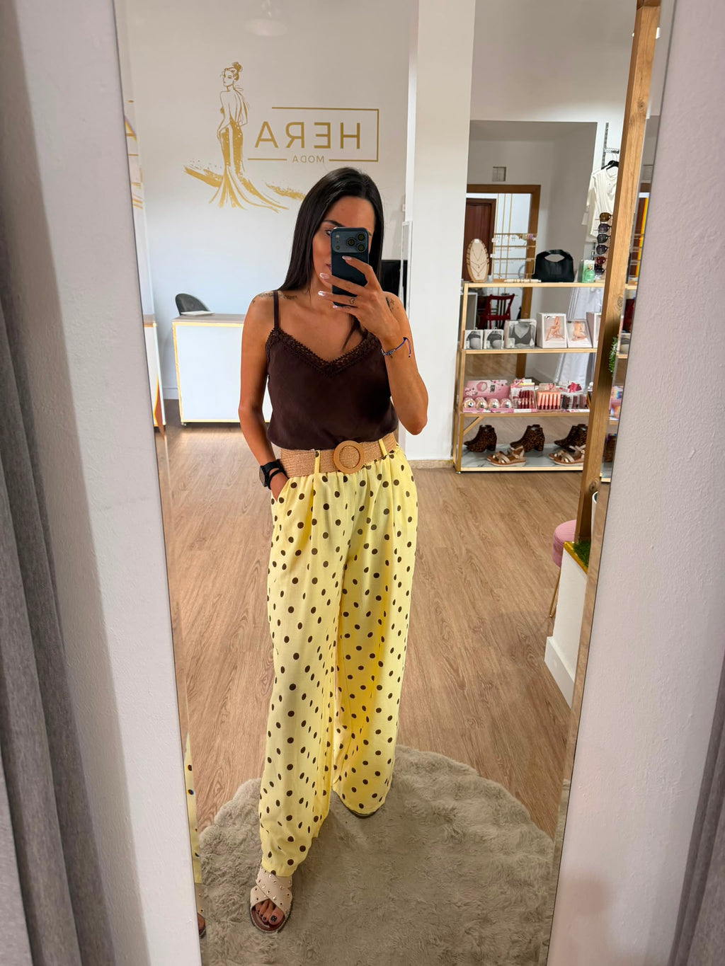 Pantalón Palazzo de Lunares con Cinturón de Rafia - Pantalón Fluido Tiro Alto Mujer