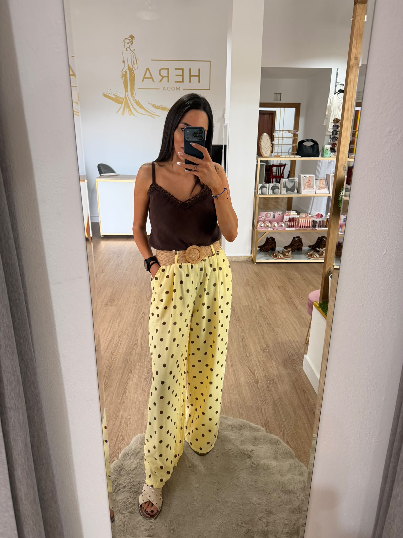 Pantalón Palazzo de Lunares con Cinturón de Rafia - Pantalón Fluido Tiro Alto Mujer