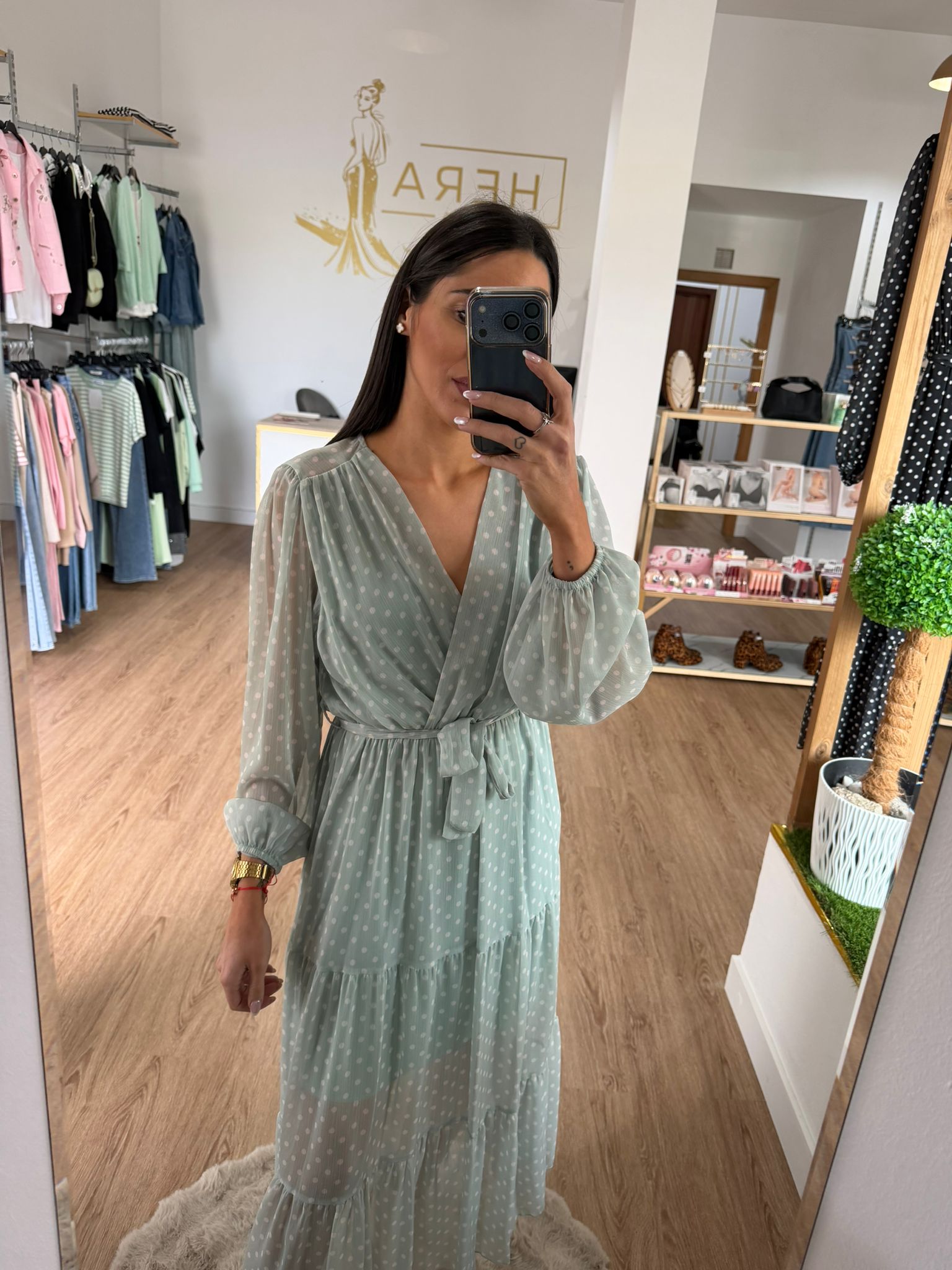 Vestido Largo Gasa Lunares - Cintura ajustable