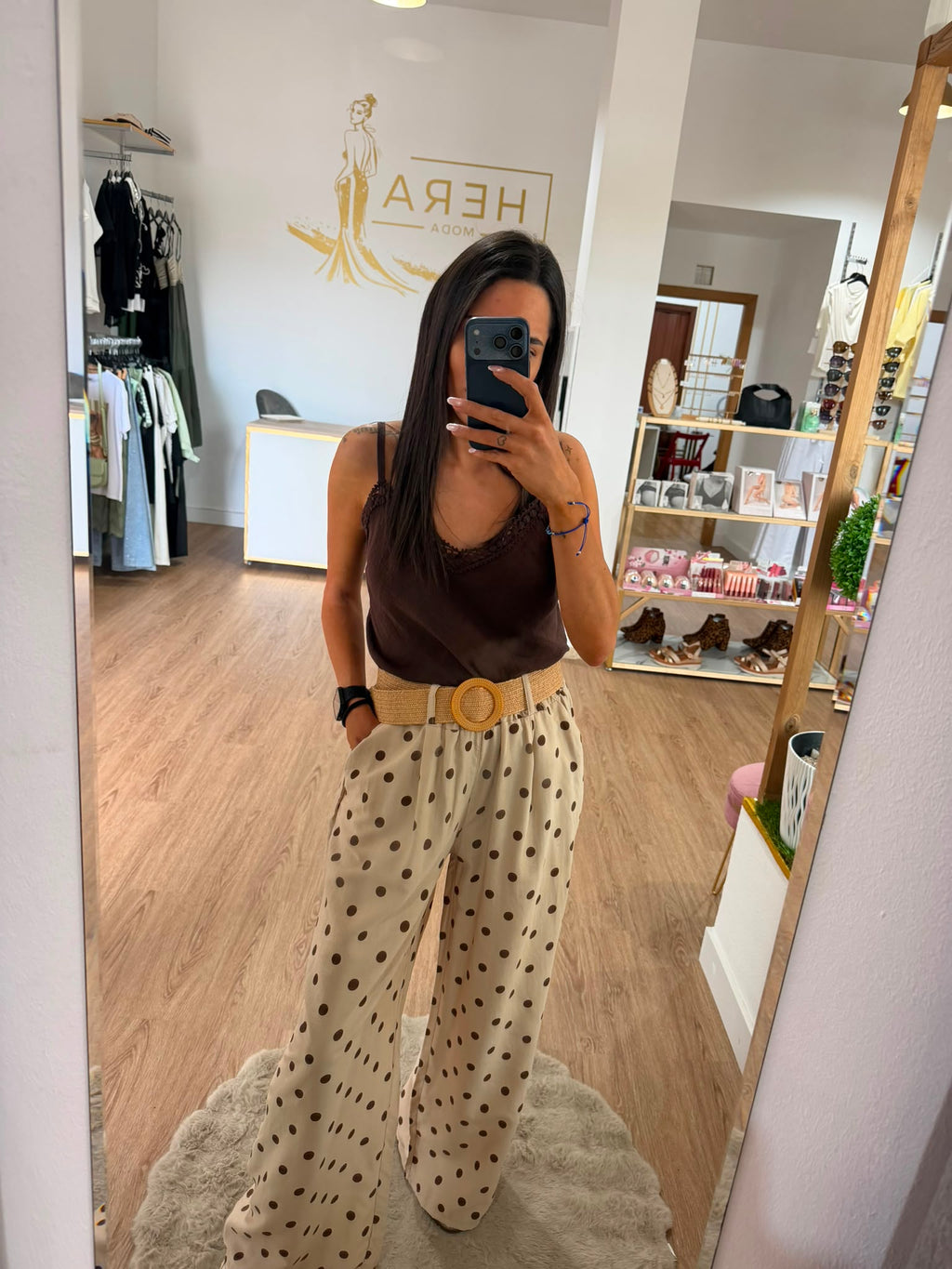Pantalón Palazzo de Lunares con Cinturón de Rafia - Pantalón Fluido Tiro Alto Mujer