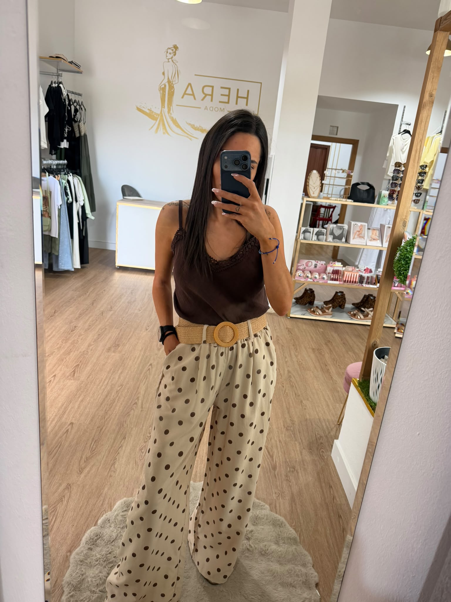 Pantalón Palazzo de Lunares con Cinturón de Rafia - Pantalón Fluido Tiro Alto Mujer