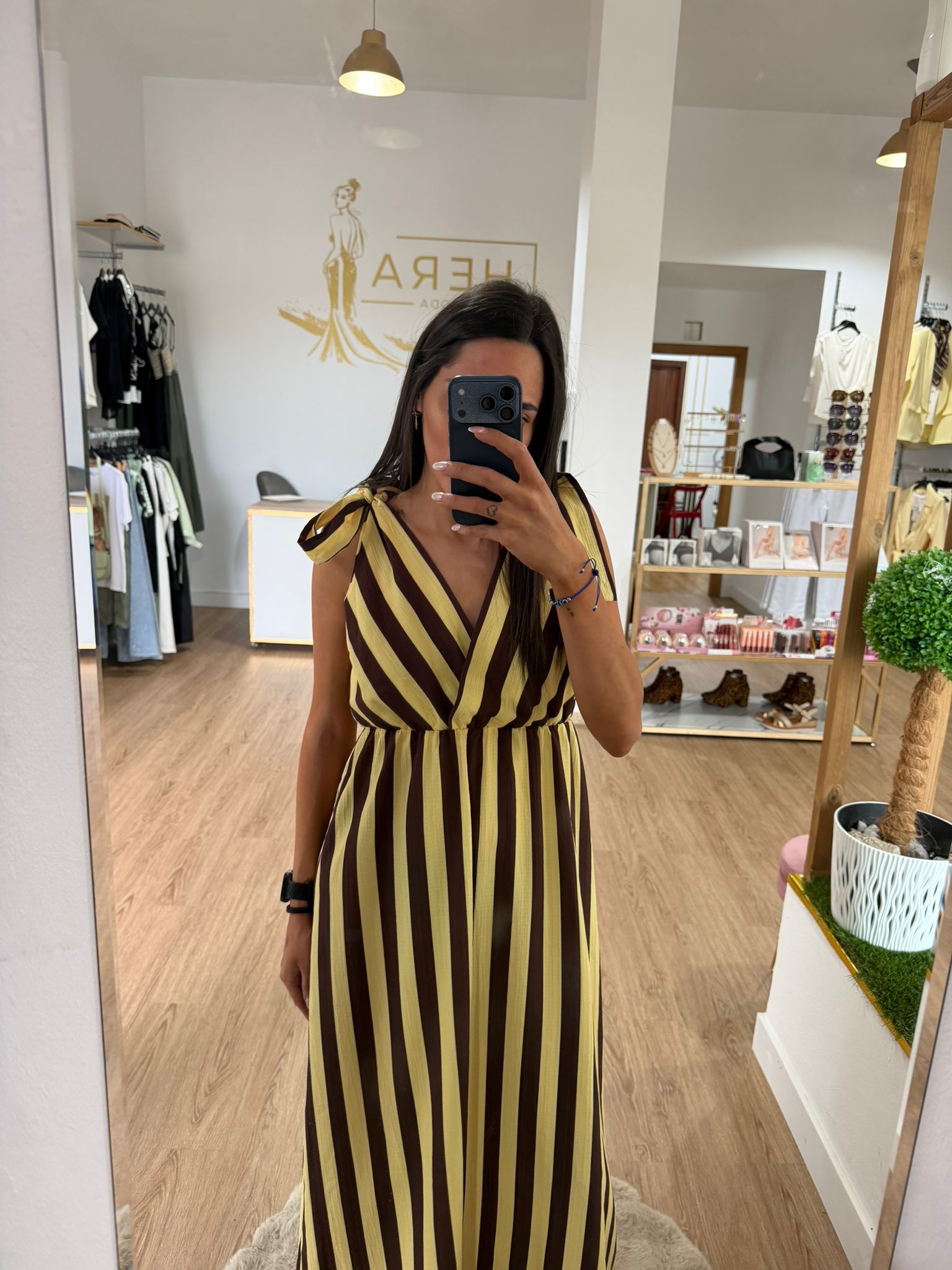 Vestido Largo de Rayas Bicolor con Lazadas - Vestido Fluido Escote Cruzado Mujer