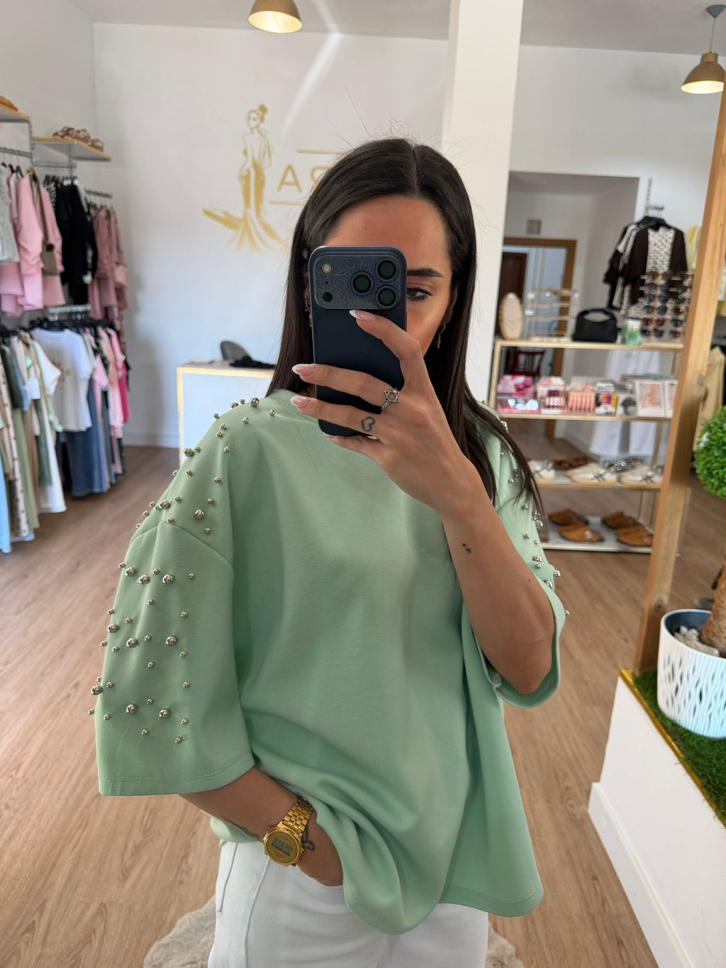 Camiseta Fluida con Perlas / Camiseta Manga Corta