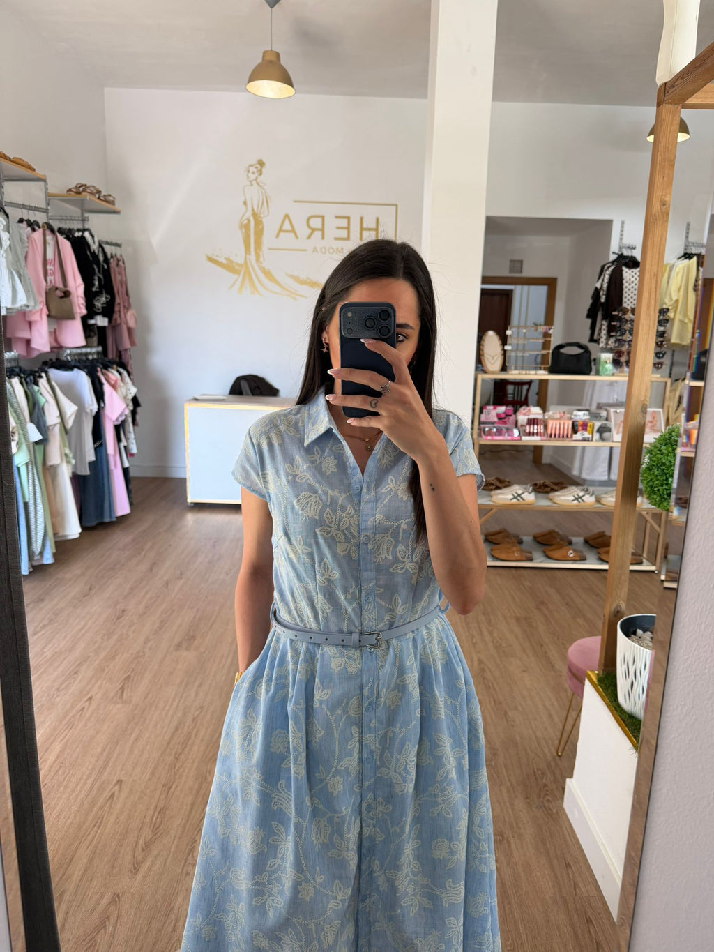 Vestido Camisero Midi Estampado con cinturón - Vestido Fluido de Manga Corta Con Bolsillos