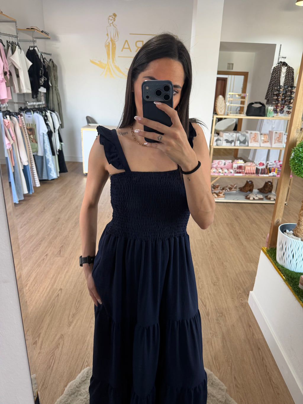 Vestidos Largo de Tirantes con Volante y Cuerpo de Nido de Abeja - 3 colores
