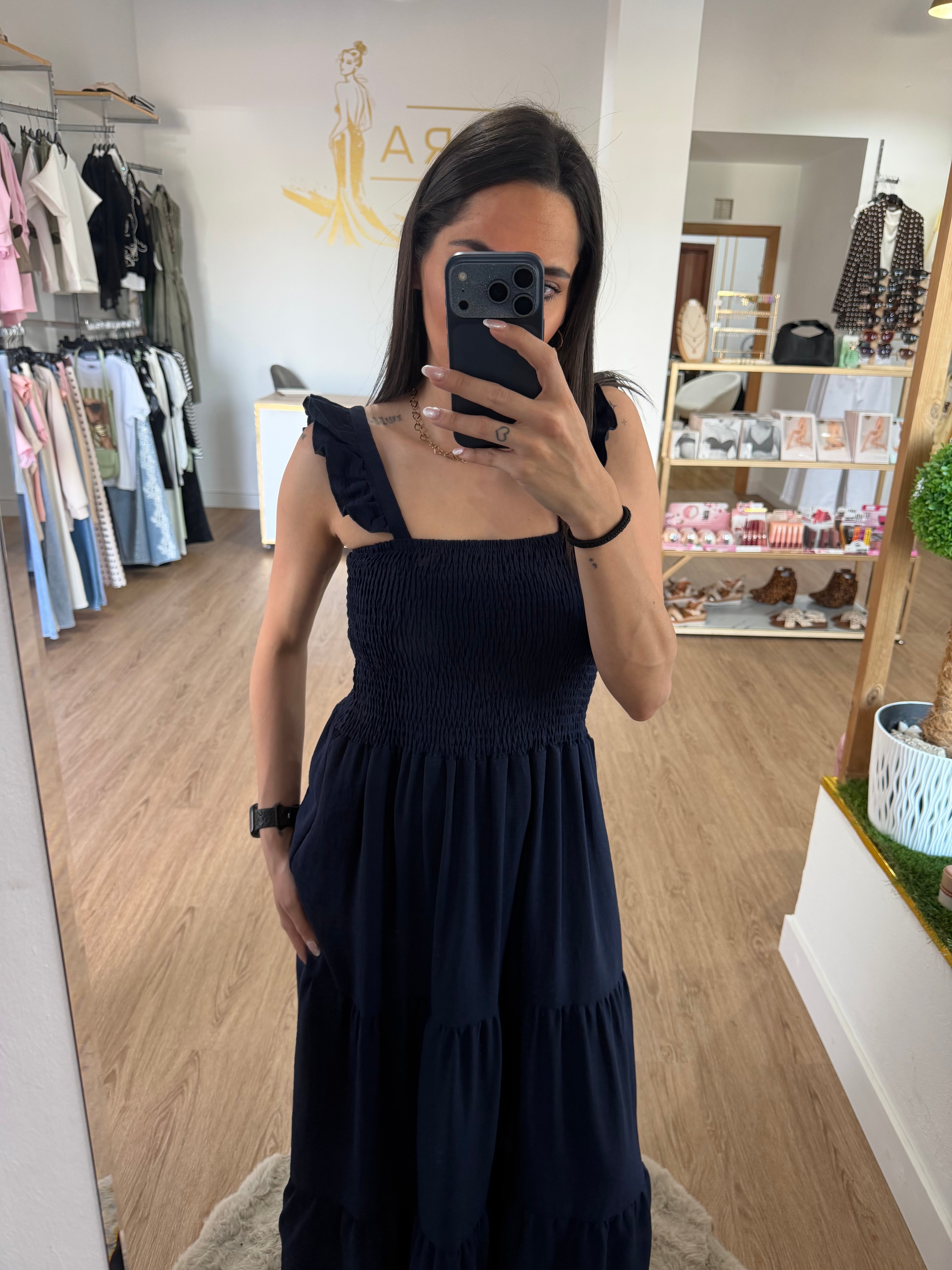 Vestidos Largo de Tirantes con Volante y Cuerpo de Nido de Abeja - 3 colores