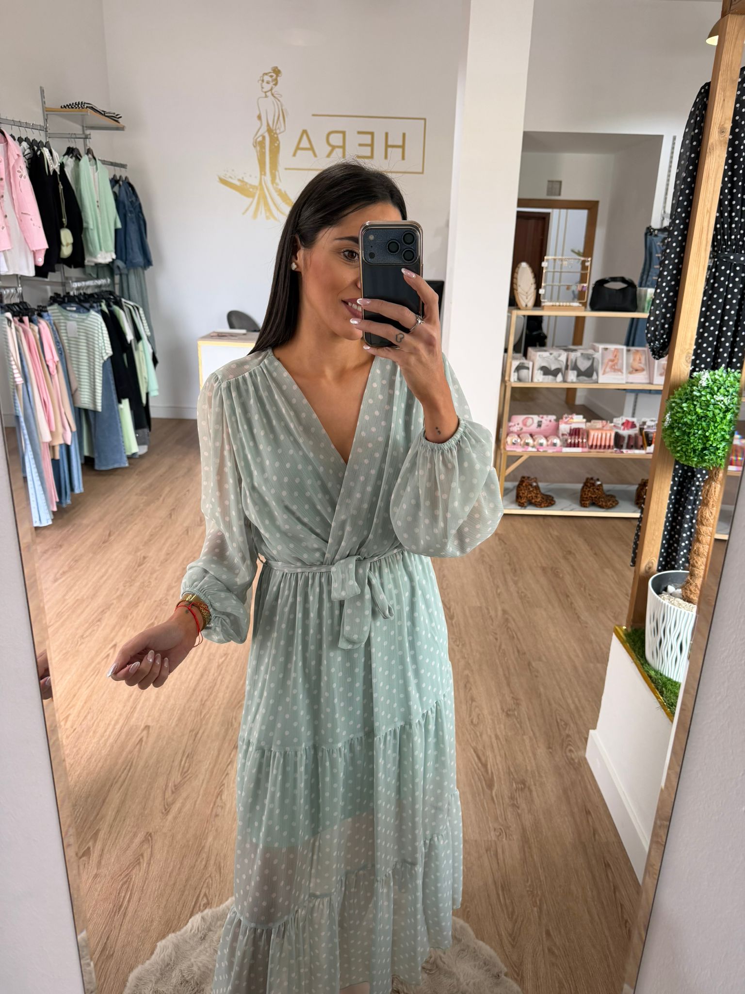 Vestido Largo Gasa Lunares - Cintura ajustable
